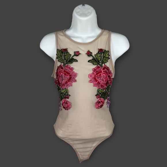 Sheer Nude Sleeveless Bodysuit Applied Rose Applique on Chest Bust 28 (XXS) - Picture 1 of 8